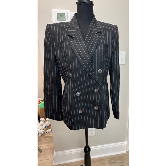 Vintage 1980 Women Cinched Blazer Double Breasted Linen Stripe Shoulder Pads 8P - Picture 1 of 11